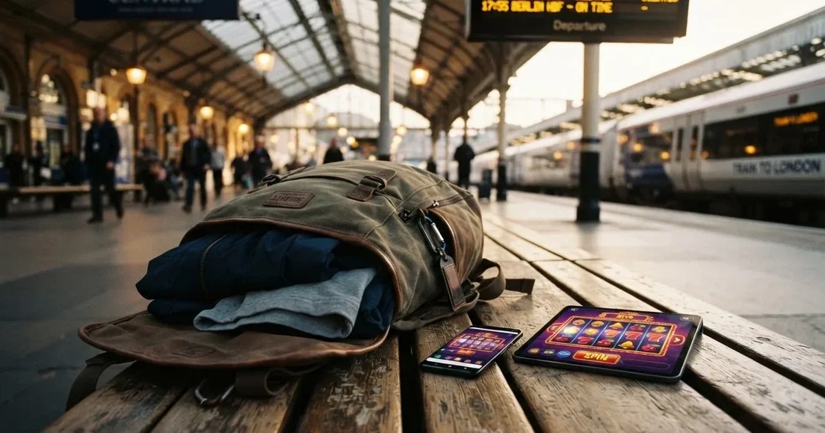 Rucsac deschis lângă un telefon și o tabletă pe o bancă de gară, cu un peron luminat în fundal.