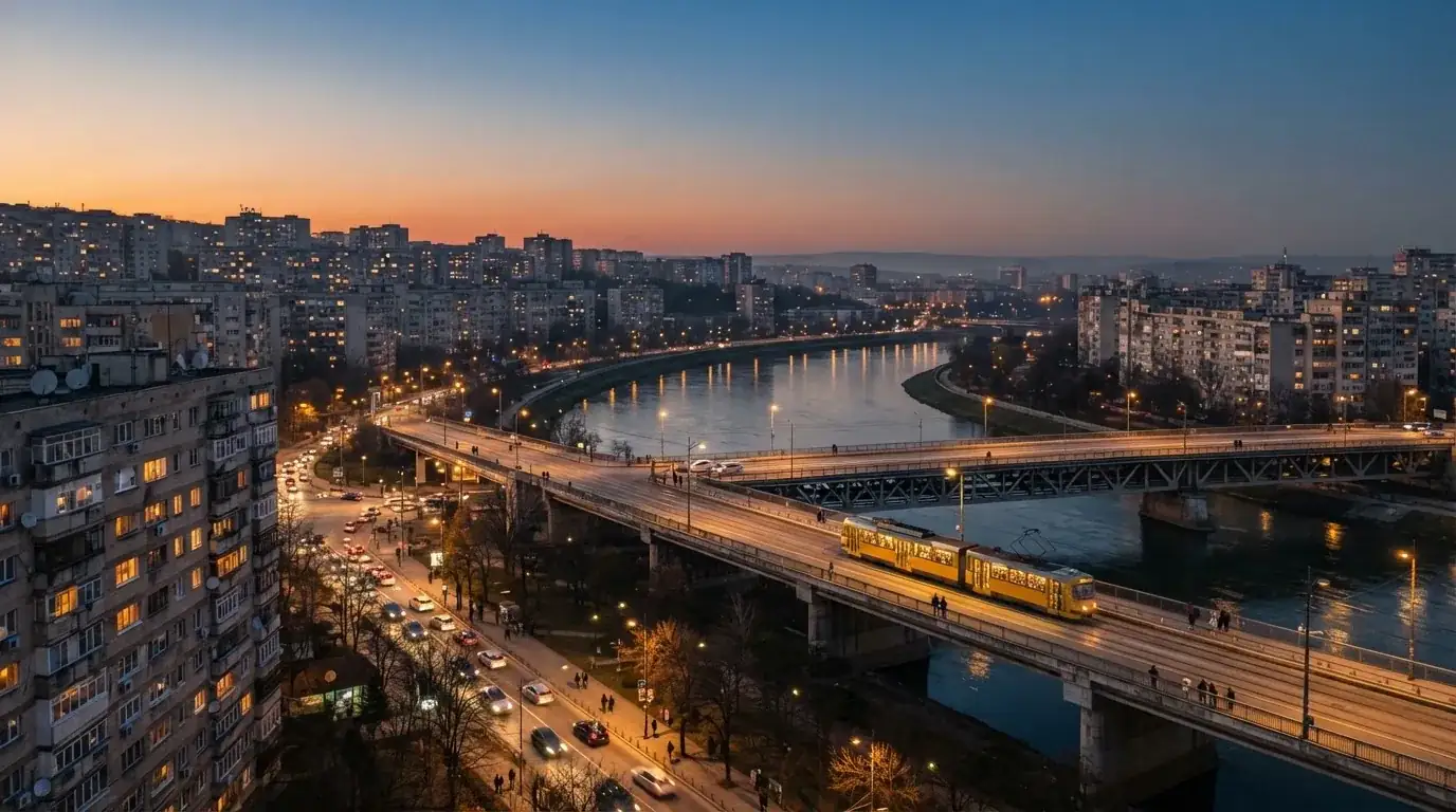 Panoramă a unui oraș pe înserat, cu ferestre luminate în blocuri și un tramvai care traversează podul.
